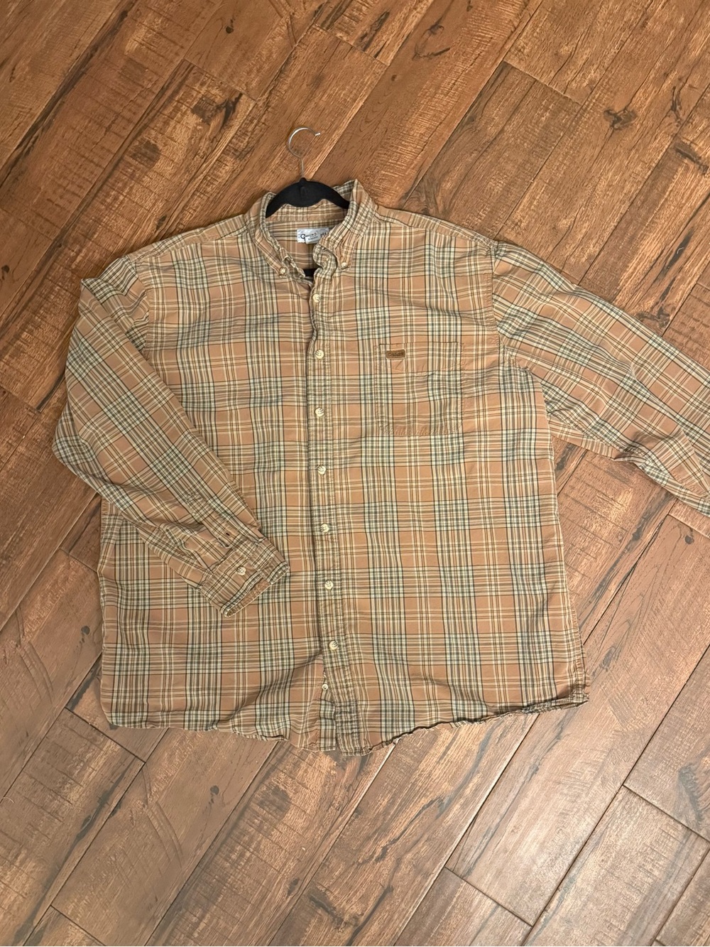 Vintage Carhartt Men’s 2XL Tall Plaid Button Down Shirt Tan Peach Workwear